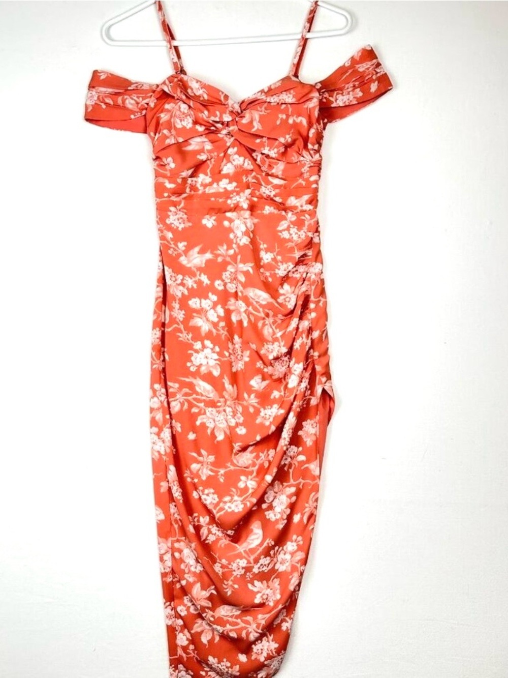 Abercrombie‎ & Fitch Ruched  Off the Shoulder Coral Midi Dress Floral Party